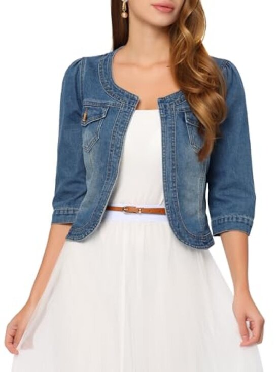 Jackets & Blazers - 🆕 Denim Jacket for Women's Collarless Cardigan 3/4 Sleeve Crop Jean Jackets